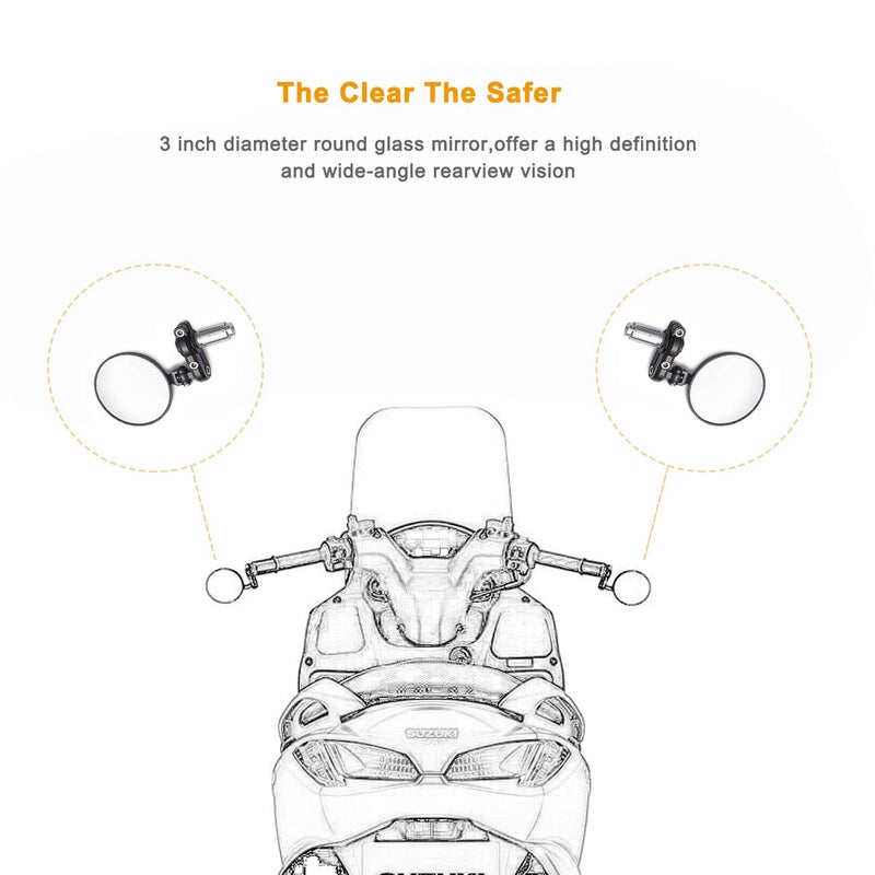 MOTLTECH Universal Motorcycle Mirrors - 3 Inch Round Folding Bar End Side Mirror for Honda, Scooter, Suzuki, Yamaha, Kawasaki, Victory, Harley Davidson and More - Image 3